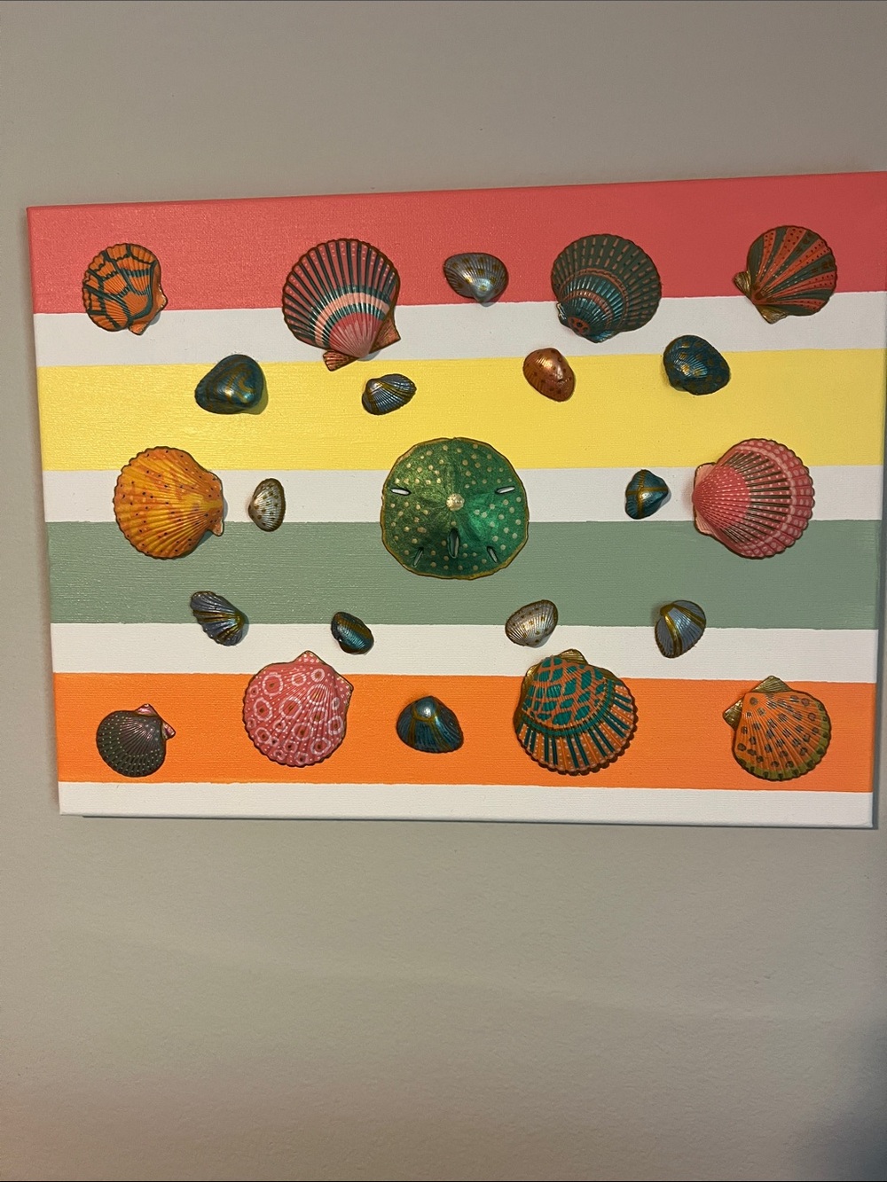 Seashell Wall Art Canvas in Green, Coral & Yellow - Coastal Stripe Decor
